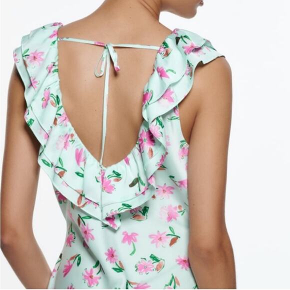 Zara Style 2157 / 046 Mint Green Pink Floral Ruffle Satin Slit Midi Dress Small - Picture 10 of 16